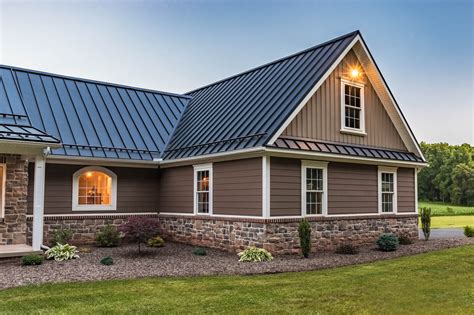 brown metal roof on brick house|ranch house with metal roof.